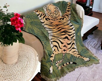 Manta de tiro de tigre, manta de tiro de sofá boho, manta de tiro tejida, manta de tiro de sofá de algodón, manta de tigre para la cama