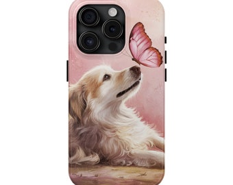 Cute Dog Pink Butterfly Phone Case for iPhone 15 Pro Max, Plus, 14, 13 Mini, 12, 11, X, XR, XS, 8, 7, SE