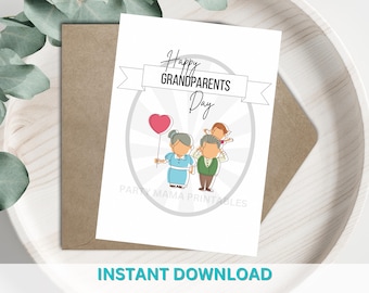 Puede incluir: Una tarjeta imprimible con fondo blanco y un círculo gris en el centro. El círculo tiene una pancarta blanca con el texto "Happy Grandparents Day". Dentro del círculo, hay una ilustración de dibujos animados de una abuela, un abuelo y un niño. La abuela sostiene un globo rojo en forma de corazón. El abuelo lleva al niño sobre sus hombros. El texto "Party Mama Printables" está en la parte inferior de la tarjeta.