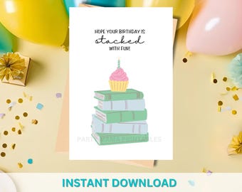 Bookworm Birthday Card: Stacked Books & Cupcake (PDF, PNG)
