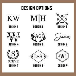 May include: A graphic displaying nine design options in black. The text "DESIGN OPTIONS" is at the top. Each design features initials, names, or symbols, with corresponding numbers. Design 1 has "KW", Design 2 has "MH", and Design 3 has a hat, arrows, and a mustache.