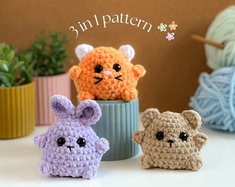 3 in 1 Cute animals Bundle no Sew Amigurumi Crochet Pattern PDF, No Sew Amigurumi Crochet Patterns
