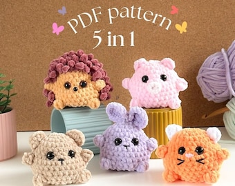 Bundel 5IN1 Geen naai haakpatroon Geen naai Amigurumi haakpatronen Dieren mini schattig patroonbundel varken konijntje beer kat egel