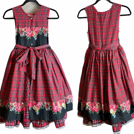 VTG Daisy Kingdom red tartan overskirt pearl butto
