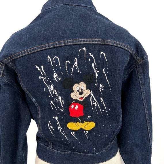 Vintage 80s Wrangler Denim Cropped Jacket Hand Embroidered Mickey