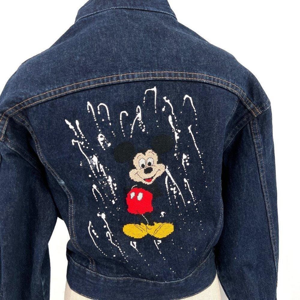 Vintage 80s Wrangler Denim Cropped Jacket Hand Embroidered Mickey