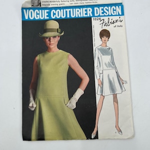 May include: Vintage Vogue Couturier Design pattern featuring a woman in a sleeveless, light green dress and a matching hat. The pattern is labeled "1824 Fabiani of Italy" and includes a second design illustration.