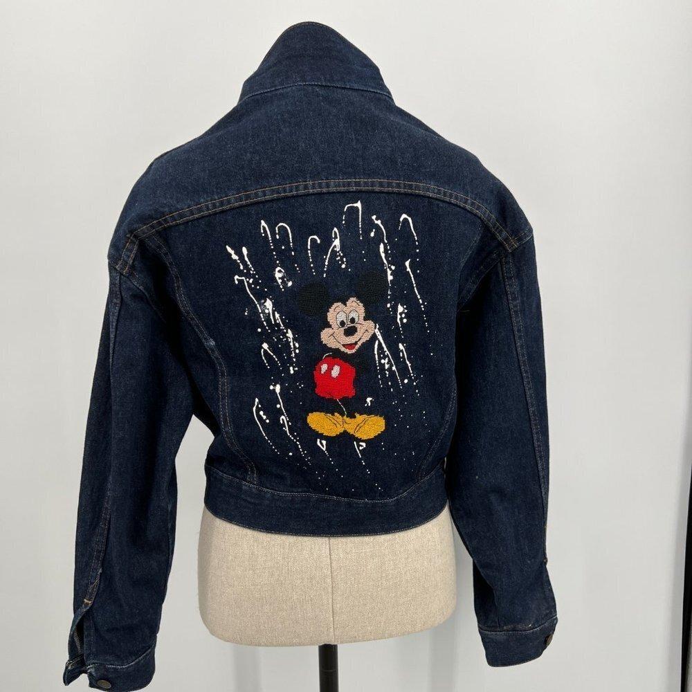 Vintage 80s Wrangler Denim Cropped Jacket Hand Embroidered Mickey