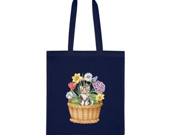 100% Cotton Tote Bag | 9 Colours | Flower Basket Kitten Totebag |