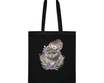 Borsa tote in cotone 100% / 9 colori / Borsa tote con gattino e corona di fiori /