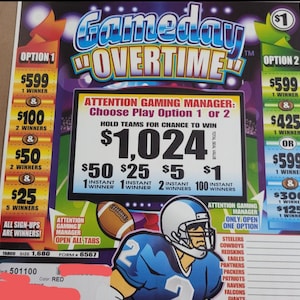 May include: A colorful "Gameday Overtime" scratch-off ticket with football imagery. Features text including prize amounts, team names, and instructions. The ticket has a red color scheme and a football player graphic.