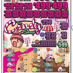 May include: A pink and white lottery ticket with a candy shop theme. The ticket has a picture of a candy shop with a house and a tree. The ticket has a variety of candy images and the text "The Candy Shop". The ticket has a variety of numbers and dollar amounts, including $599, $499, $250, $100, $50, and $25.