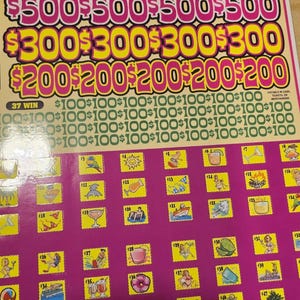 May include: A colorful scratch-off lottery ticket with the theme "Bikinis & Martinis." The ticket features various prize amounts, including $500, $300, and $200. It also displays multiple small, illustrated squares with various images.
