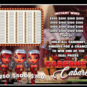 May include: A colorful illustration for a game called "Cabaret Cabaret". The image features cartoon characters, including three women in red dresses holding microphones, and musical instruments. Text includes "Instant Wins" and prize amounts.