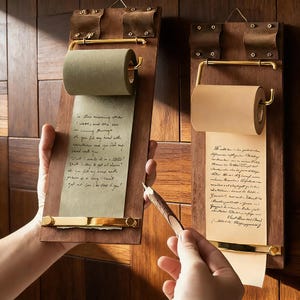 Könnte beinhalten: Zwei Wandhalterungen aus Holz für Papierrollen mit Messingdetails. Jeder Halter hat eine Papierrolle und eine Messingstange unten. Das Papier ist mit handschriftlichem Text versehen. Die Halterungen werden mit Lederriemen an der Wand befestigt.