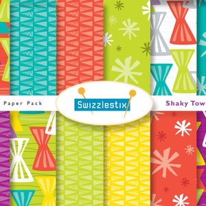 Puede incluir: Un paquete de papel digital con 10 patrones diferentes. Los patrones están en una variedad de colores, incluyendo rojo, naranja, amarillo, verde, azul y morado. Los patrones incluyen formas geométricas, estrellas y diseños abstractos. El texto "Shaky Town" y "Swizzlestix" está incluido en la imagen.
