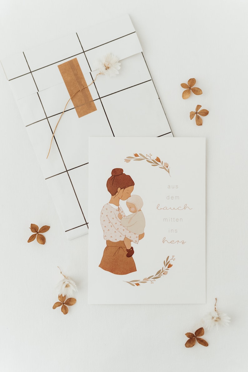 Tarjeta de nacimiento amorosa, tarjeta de nacimiento, madre con bebé, papelería de nacimiento, tarjeta de estilo escandinavo, tarjeta moderna para la habitación del bebé