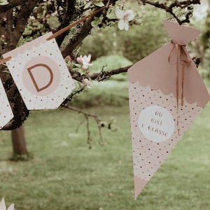 May include: A pink and white paper cone with brown polka dots and the text "DU BIST 1. KLASSE" in a white circle. The cone is hanging from a tree branch with a brown ribbon.