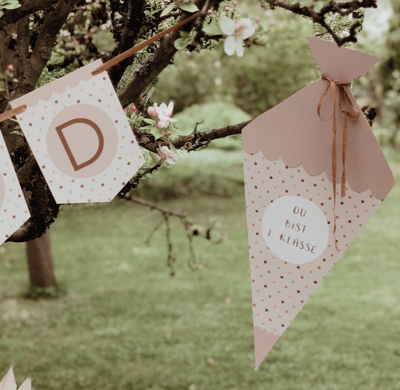 May include: A pink and white paper cone with brown polka dots and the text "DU BIST 1. KLASSE" in a white circle. The cone is hanging from a tree branch with a brown ribbon.