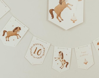 May include: A white and brown horse-themed birthday banner with flags featuring horses, the number 10, and the text "happy birthday".