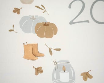May include: Illustration of autumn-themed elements, including pumpkins, boots, leaves, a candle in a jar, and a coffee cup. The color palette features muted tones of brown, beige, and gray, creating a cozy, seasonal aesthetic. The number "20" is also present.