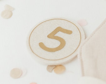 Zahlen für Geburtstagskronen, Zahlen aus Vlies für Geburtstagskronen, Schrift Gold, runde Zahlenpads für Stoffkronen