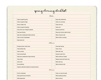 May include: A spring cleaning checklist on a cream-colored paper. The handwritten title is at the top, with lists for kitchen, bathrooms, bedrooms, living room, and entryways. The text is in black ink.