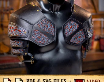 May include: A black shoulder armor piece featuring intricate embossed scrollwork patterns with red and blue accents. The armor is constructed with layered plates, secured by metallic rivets and straps, and is displayed on a mannequin torso. Includes PDF and SVG files.