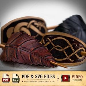 May include: Three leather hair slides with wooden sticks, including one brown leaf-shaped slide and two oval slides with tan braided patterns on dark backgrounds. The image includes text: PDF & SVG FILES, INSTANT DOWNLOAD, LASER READY, CNC, VIDEO TUTORIAL.