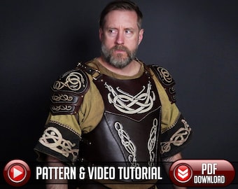 May include: A brown leather armor with intricate knotwork designs. The armor is worn by a person with a beard and a tan shirt. The image includes the text "PATTERN & VIDEO TUTORIAL" and "PDF DOWNLOAD".