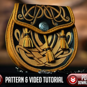 May include: A brown leather pouch with a Celtic knot design and yellow tassels. The pouch has a silver metal button closure and a chain attached.