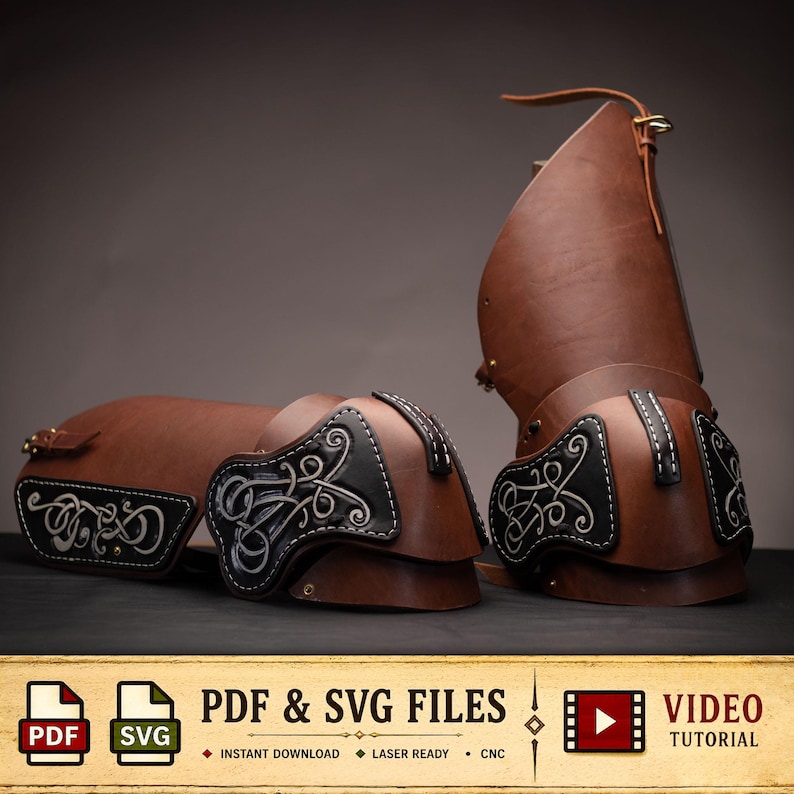 a pair of brown leather armors with intricate designs, displayed on a dark background.