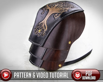 Puede incluir: Un patrón de armadura de hombro de cuero con un diseño de árbol. La armadura está hecha de varias piezas de cuero que están cosidas juntas. El diseño del árbol está estampado en la pieza superior de cuero. La armadura es de color marrón y negro.  PATTERN & VIDEO TUTORIAL PDF DOWNLOAD