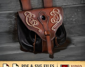 May include: A brown and black leather pouch featuring a flap with embossed light-colored Celtic knotwork and a central black stone inlay. The pouch includes two top belt loops and a vertical strap closure. Text at the bottom reads PDF & SVG FILES.