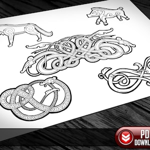 Może przedstawiać: Zestaw pięciu czarno-białych ilustracji przedstawiających wilka, dzika i trzy skomplikowane wzory węzłów. Ilustracje są narysowane w tradycyjnym stylu i idealnie nadają się do wykorzystania w różnych projektach, takich jak tatuaże, biżuteria lub dekoracja domu.