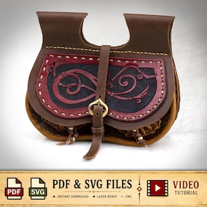 May include: A brown leather pouch featuring a dark red and black embossed flap with intricate scrollwork patterns. The pouch is secured by a vertical leather strap with a brass buckle. Text at the bottom reads: PDF & SVG FILES, INSTANT DOWNLOAD, LASER READY, CNC, VIDEO TUTORIAL.