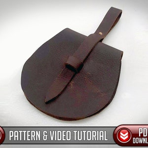 May include: A brown leather pouch with a flap closure and a strap handle. The pouch is closed with a leather strap that is tied in a knot.  The pouch is on a white background.  PATTERN & VIDEO TUTORIAL PDF DOWNLOAD