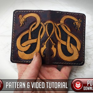 Patrón de billetera vikinga de cuero / Minimalista / Serpientes vikingas / Descarga digital - PDF - SVG LASER