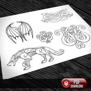 May include: Black and white line art illustrations of Celtic knot designs, a dragon wing, and a wolf. The images are on a white background with a dark wood grain surface. A red and white "PDF DOWNLOAD" button is in the lower right corner.
