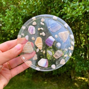 May include: Round clear resin coaster with embedded seashells and small white stones. The coaster has a variety of seashells in shades of white, pink, purple, and brown.