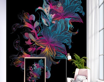 Schoonheid bloemen multi kleurenbehang, donkere bloemen muurschildering, Peel en Stick bloemenbehang, neon muurschildering, schoonheid behang