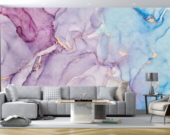 Abstract blauw paars roze behang, modern kunstbehang, acryl marmeren textuur behang, verwisselbaar traditioneel, Peel en Stick Wallpaper