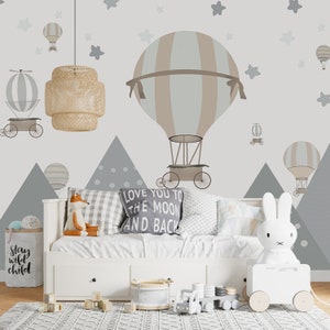 Whimsical Hot Air Balloon Pattern Wallpaper for Children's Room -Vintage Style Pastel Muted Colors, Nursery Decor,Kid-Friendly Wall Covering