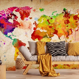 Weltkarte Wandbild - Bunte Farbspritzer Kunst Dekor - Moderne Vintage Wandverkleidung - Künstlerisches Wohndesign - Exklusive Wandkunst