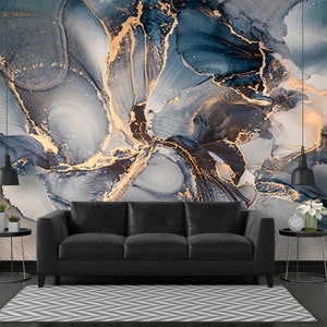 Carta da parati in marmo blu navy, staccabile e attaccabile, murale con texture in marmo, carta da parati rimovibile, carta da parati dorata, carta da parati di lusso, murale 3D