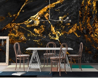Contemporary Black & Gold Marble Effect Wallpaper,Peel and Stick - Statement Wall Mural , Non-toxic