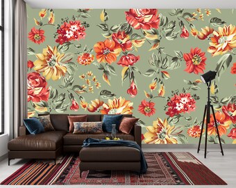 Boho Floral Peel & Stick Wallpaper - Vintage Chinoiserie Wall Decor , Elegant  Vinyl Mural