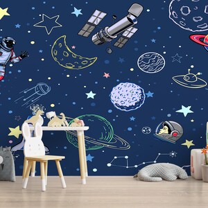 Carta da parati colorata per bambini con avventure spaziali - Murale da parete con astronauti e pianeti, staccabile e attaccabile, in tessuto non tessuto