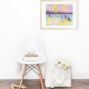 A Free Day art print of abstract figurative painting living room decor wall art seascape people at the beach purple yellow pastel image 3