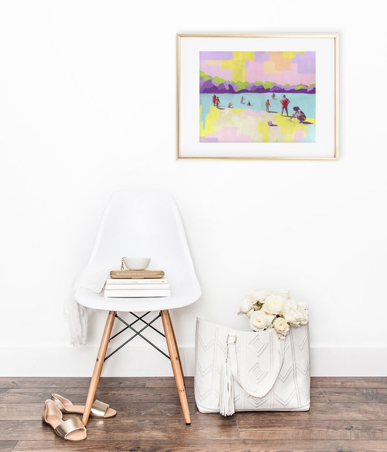 A Free Day art print of abstract figurative painting living room decor wall art seascape people at the beach purple yellow pastel image 3